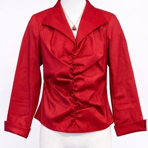 Samuel Dong Red Taffeta Ruched Blouse Sculptural Jacket Top Side Zip